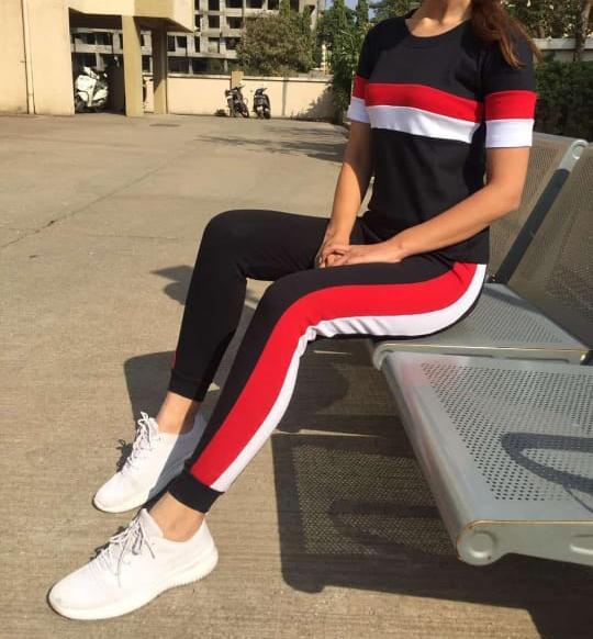 Women's cotton Lycra printed and striped tracksuit from Drpshippr's collection, featuring vibrant patterns and comfortable fit.