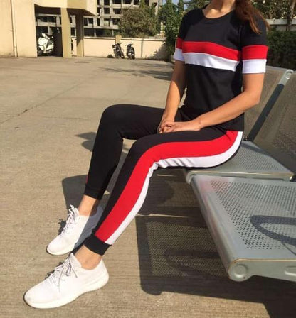 Women's cotton Lycra printed striped tracksuit from Drpshippr, featuring a comfortable fit and stylish design in the men's collection.