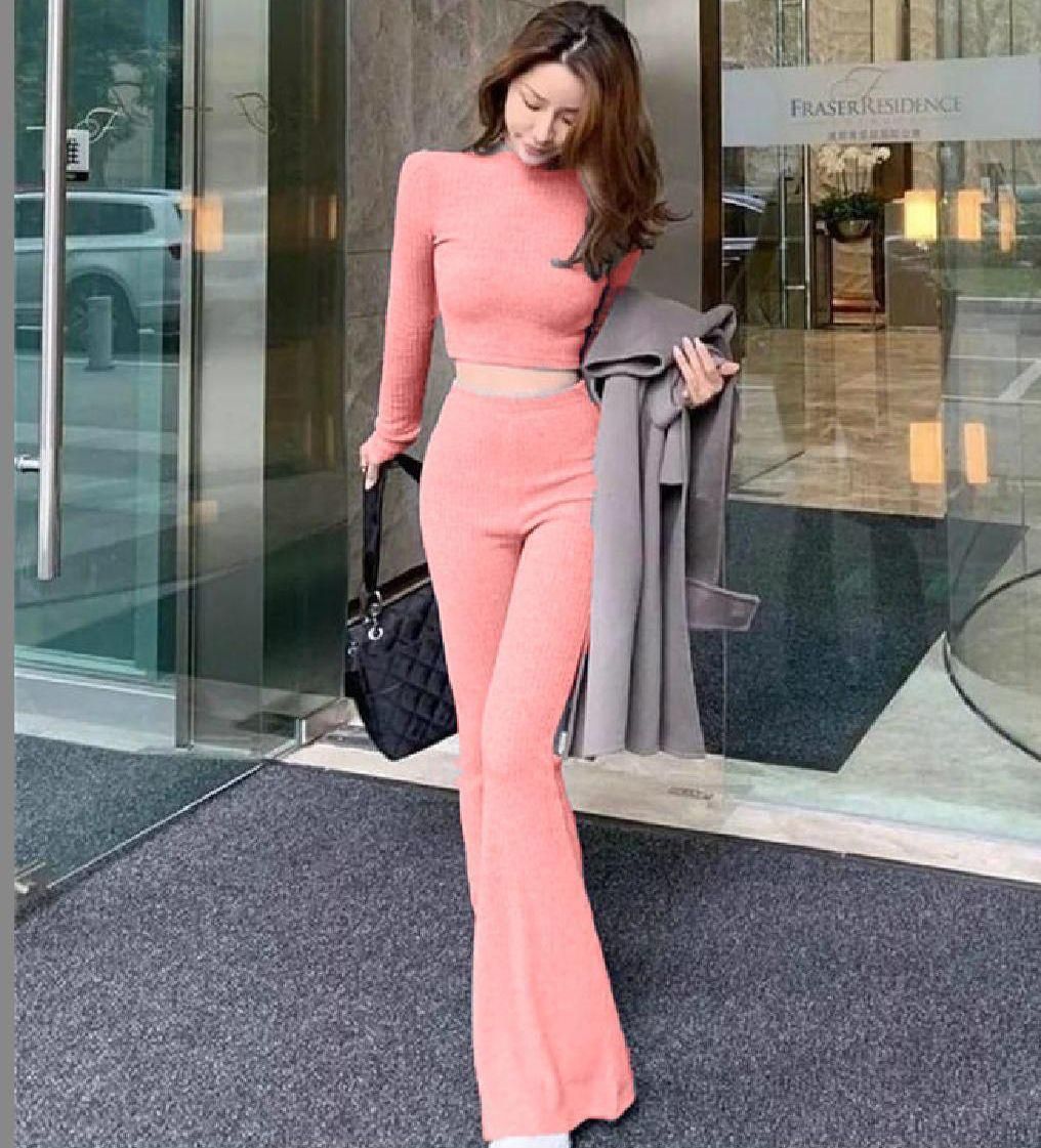 Women's cotton rib solid top and bottom set from Drpshippr, featuring a comfortable, stylish matching loungewear ensemble.