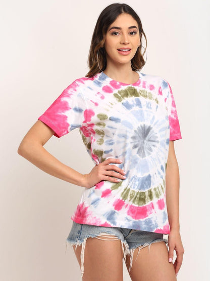 Women's cotton tie-dye T-shirt from Drpshippr's collection, featuring colorful, soft fabric with a relaxed fit.