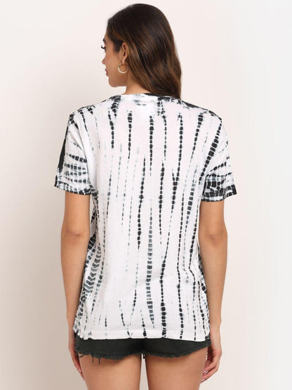 Women’s cotton tie-dye T-shirt from Drpshippr's collection, featuring vibrant colors and soft fabric, worn casually.
