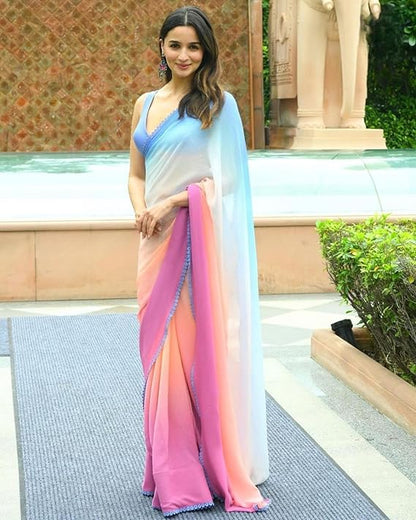 Women’s printed georgette saree from Drpshippr's women's collection, featuring intricate floral and abstract patterns.
