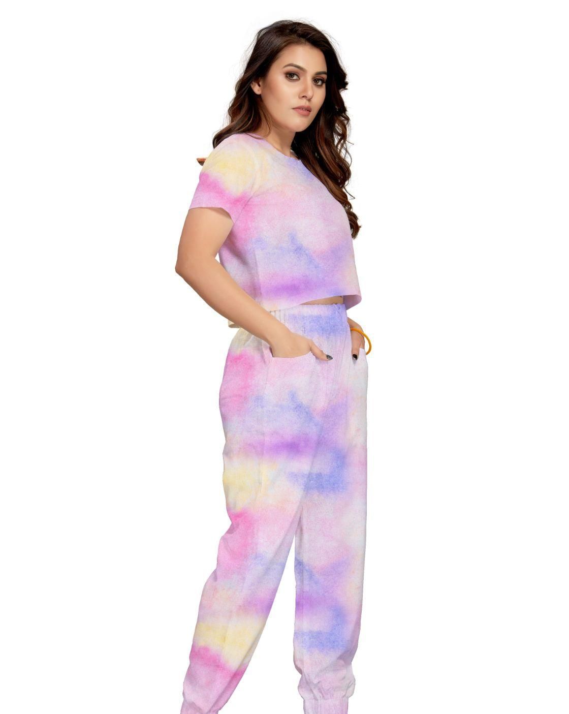 Women's linen cotton tie-dye top and bottom set from Drpshippr, featuring a relaxed fit and vibrant tie-dye pattern.