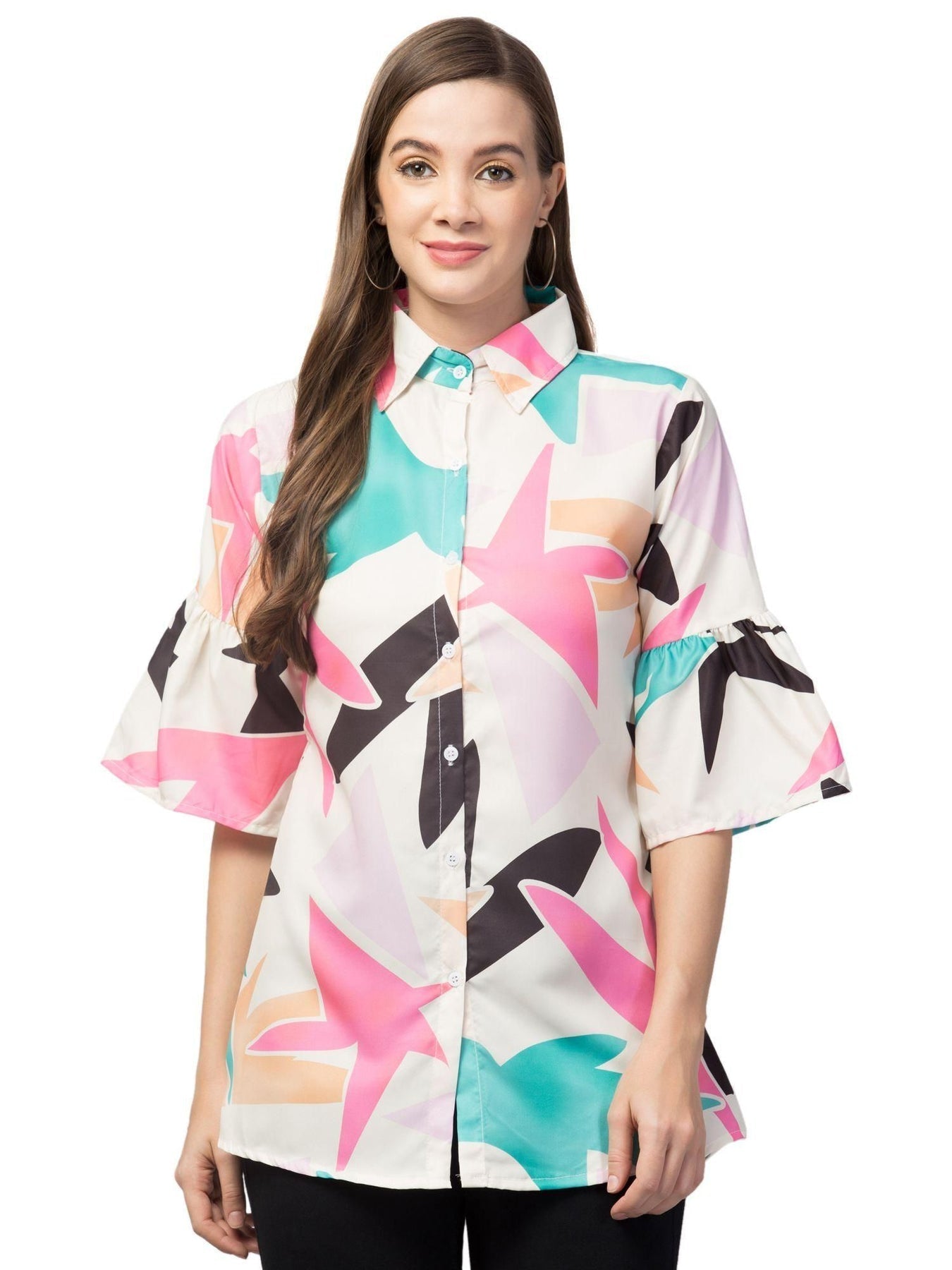 Plus size women's crepe shirt with graphic print, part of Drpshippr's men's collection, shown in a stylish, casual design.