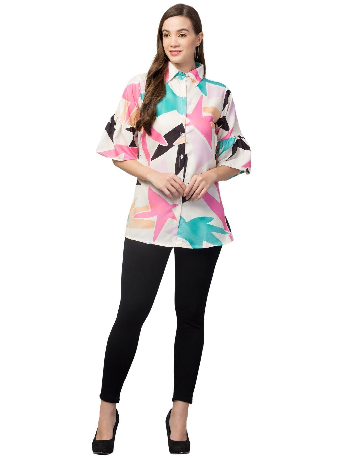 Plus size women's crepe graphic print shirt from Drpshippr's men's collection, featuring vibrant design and comfortable fit.