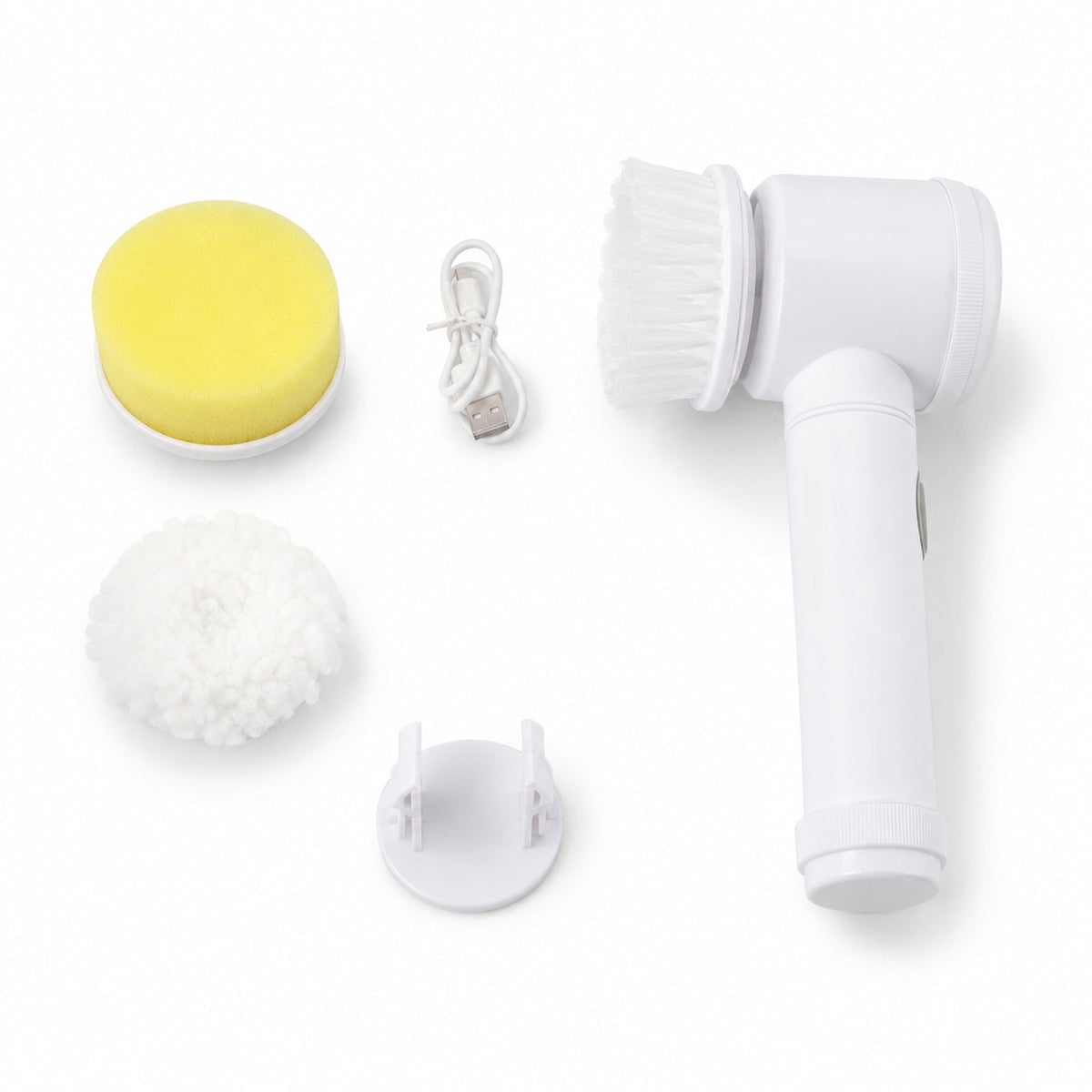 Wukusy 5-in-1 electric rechargeable spin scrubber and cleaning brush set for bathroom cleaning, with multiple attachments.