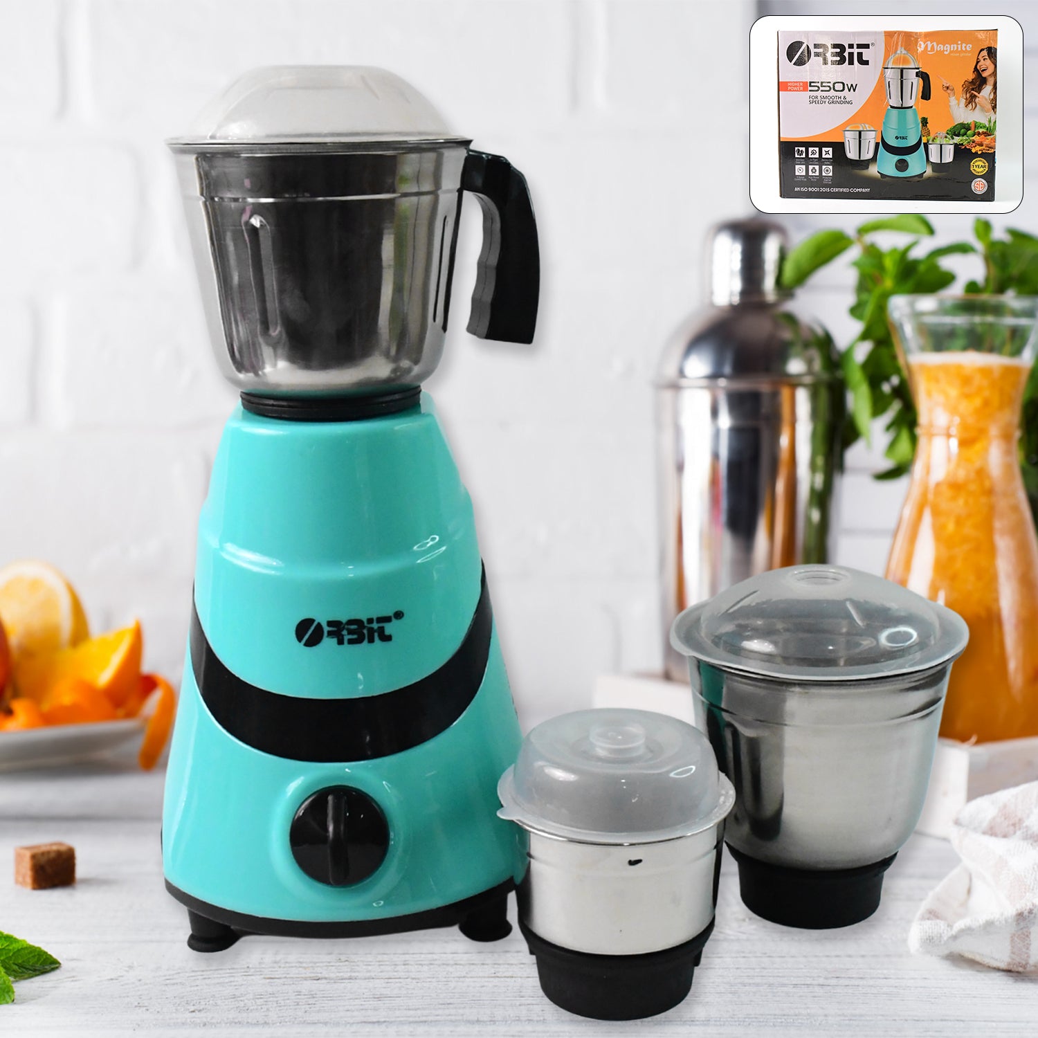 Wukusy Orbit Mixer Grinder with three stainless steel jars and 550W motor, ideal for home kitchen blending and grinding tasks.