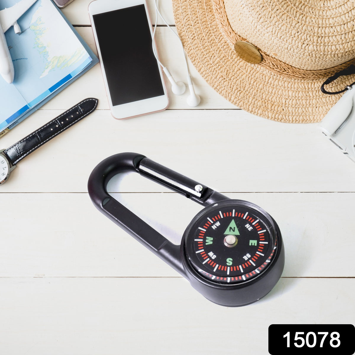 Mini Wukusy Clip Snap Hook with built-in compass, versatile accessory for outdoor gear or keychains, showing the mixed design.