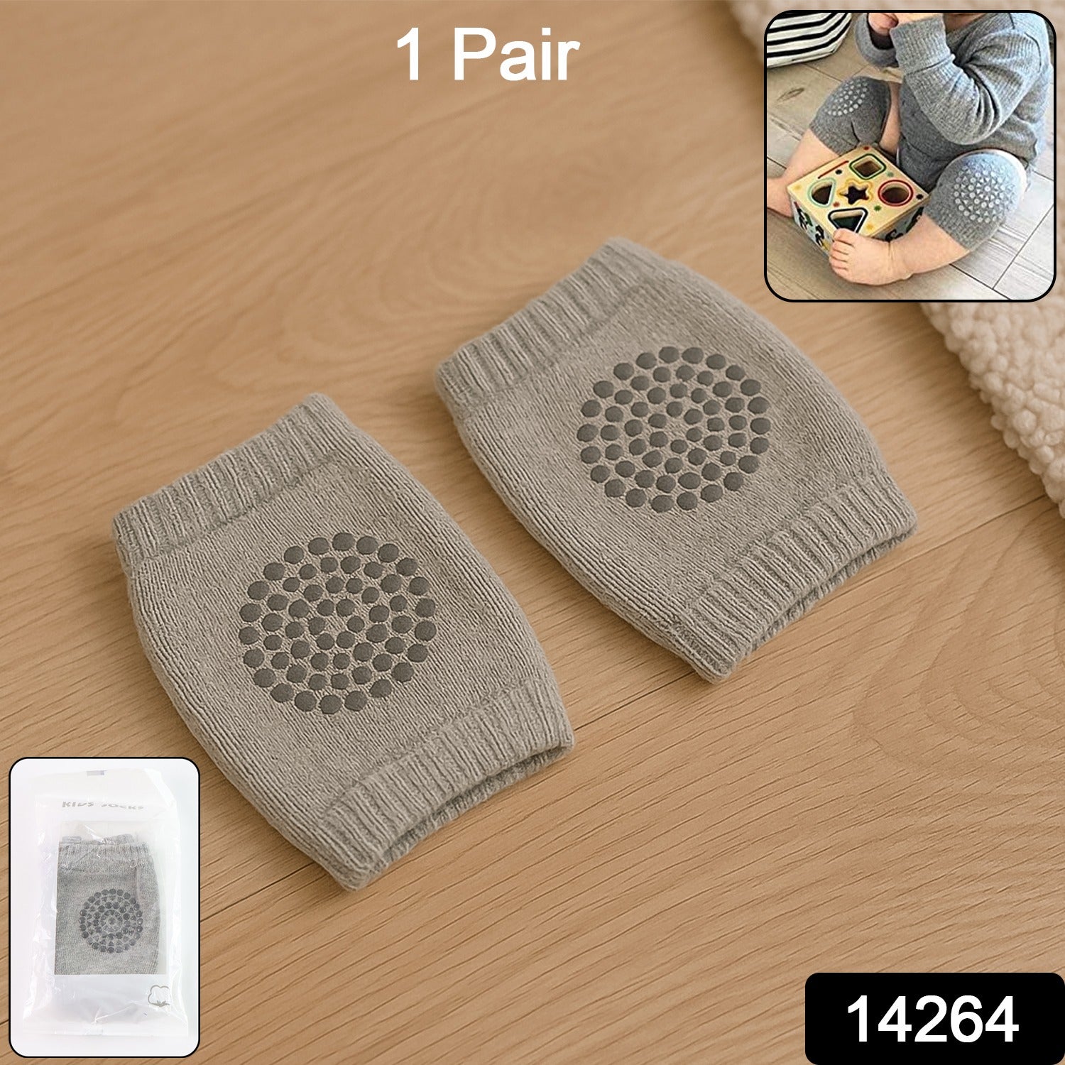 Light grey Wukusy wool knit toddler leg warmer with knee guard, designed for baby care and warmth.