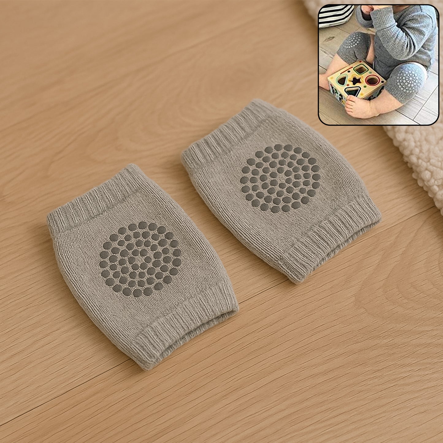 Light grey Wukusy toddler wool knit leg warmer with knee guard, designed for baby care and comfort.