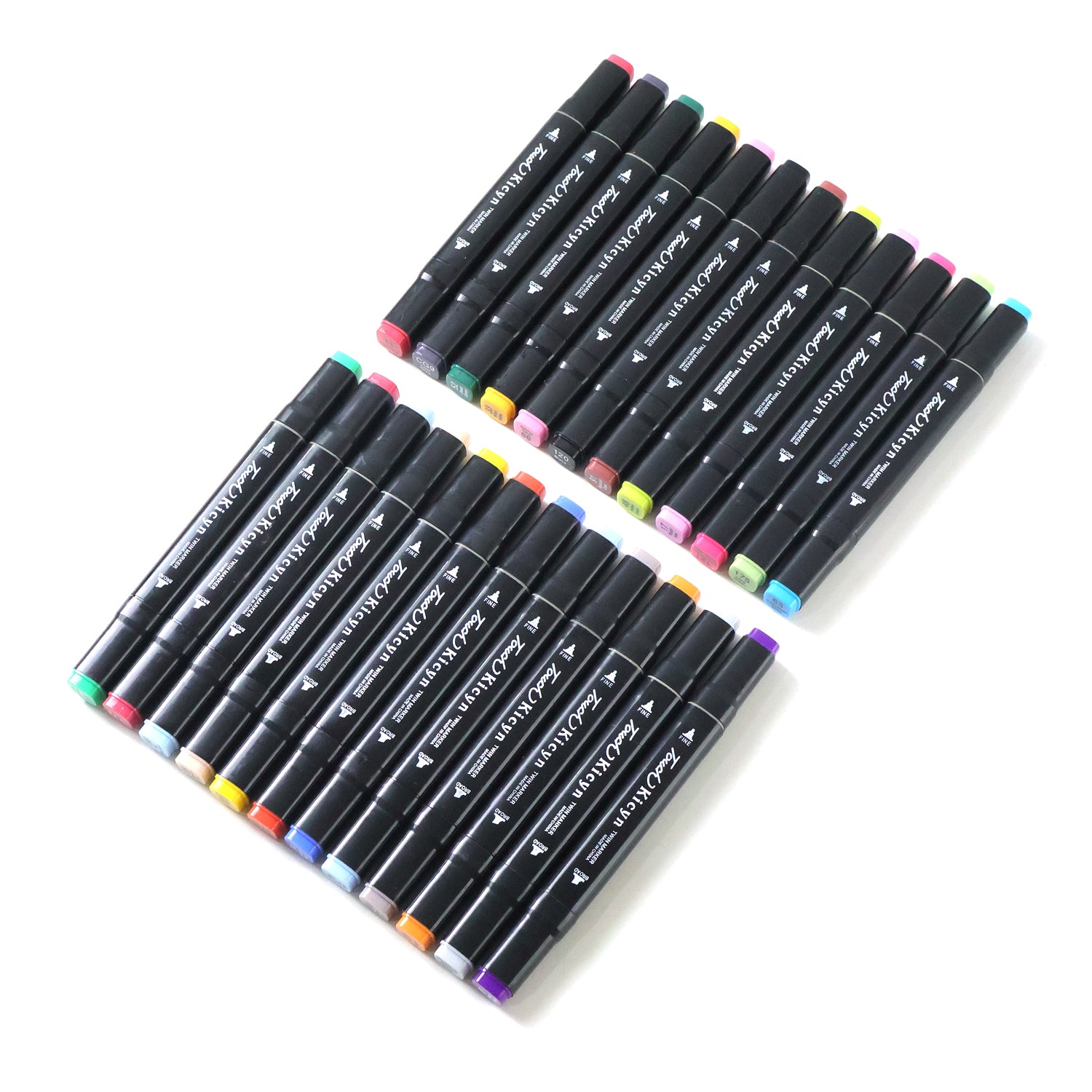 Wukusy 24-piece dual tip sketch marker pen set with storage pouch, showing colorful markers arranged inside the pouch.