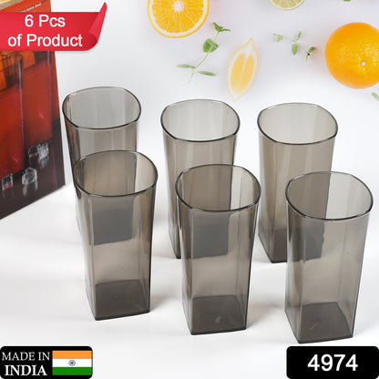 Set of six black Wukusy 300ml unbreakable transparent square design plastic tumblers for water, juice, beer, and wine.