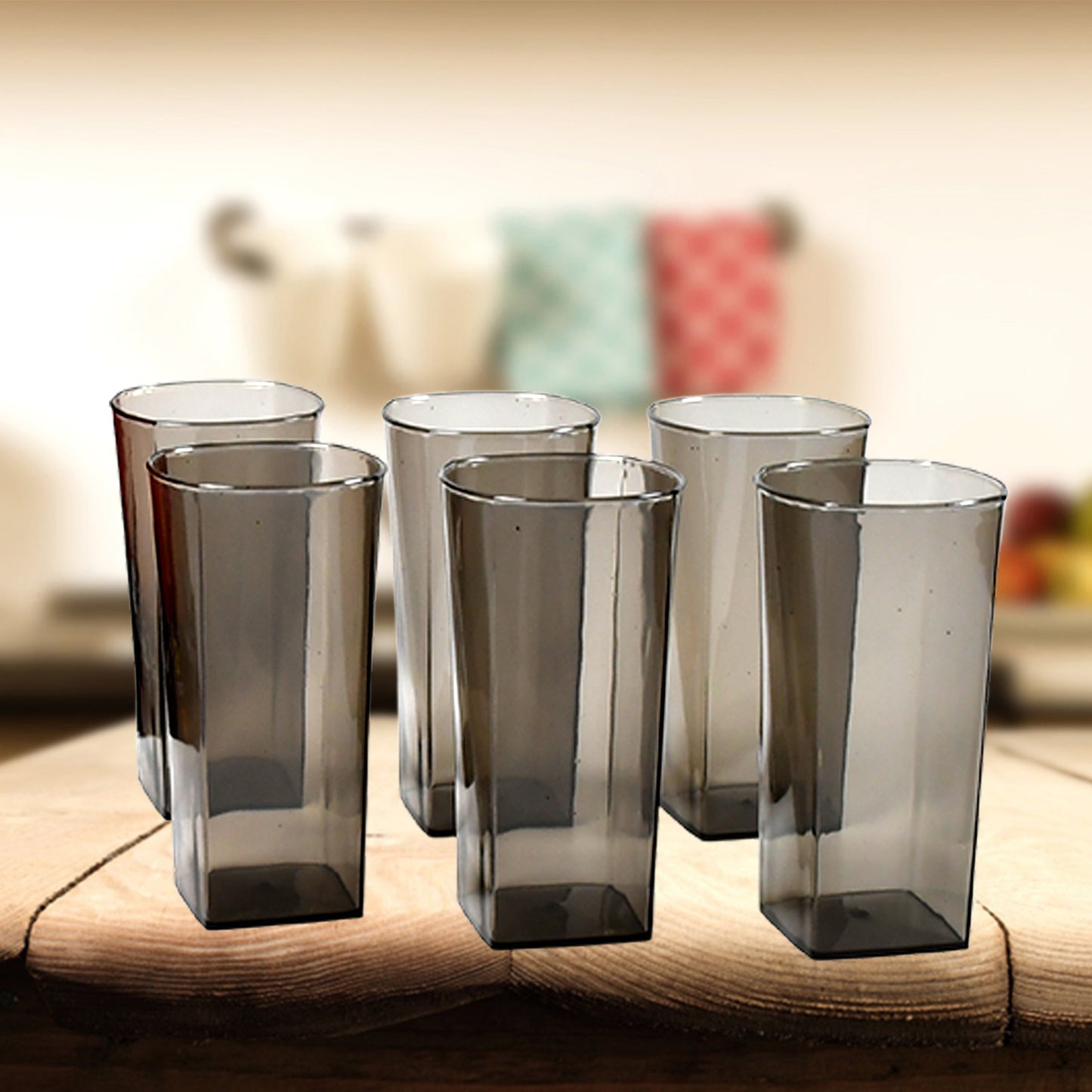 Wukusy 300ml black unbreakable plastic tumbler set with transparent square design for water, juice, beer, and wine, pack of 6