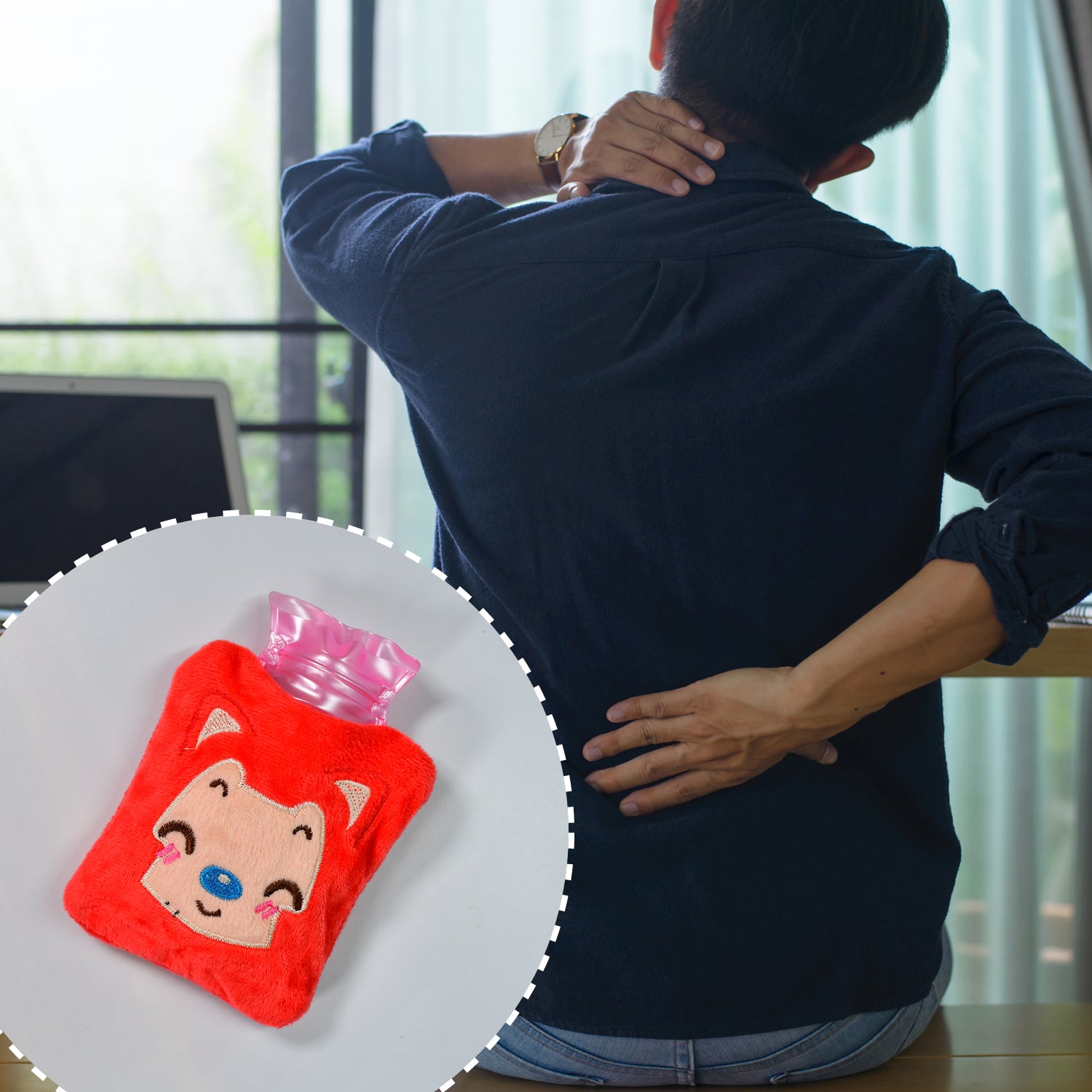 Pink cat-shaped hot water bag by Wukusy for pain relief, neck, shoulder, hand, foot warming, and menstrual cramps.