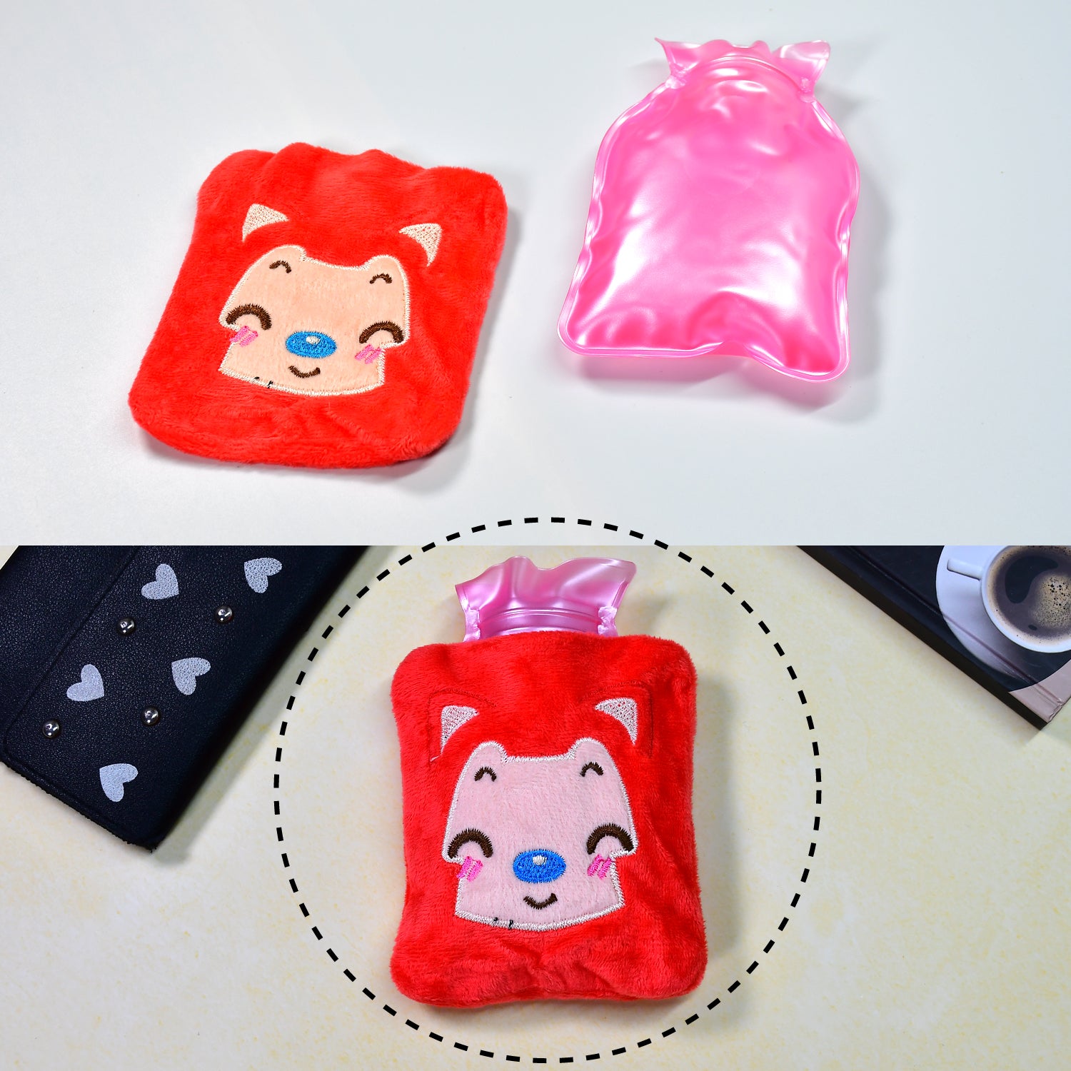 Pink Cat Wukusy small hot water bag with cover for pain relief, neck, shoulder, hand, feet warmth, and menstrual cramps.