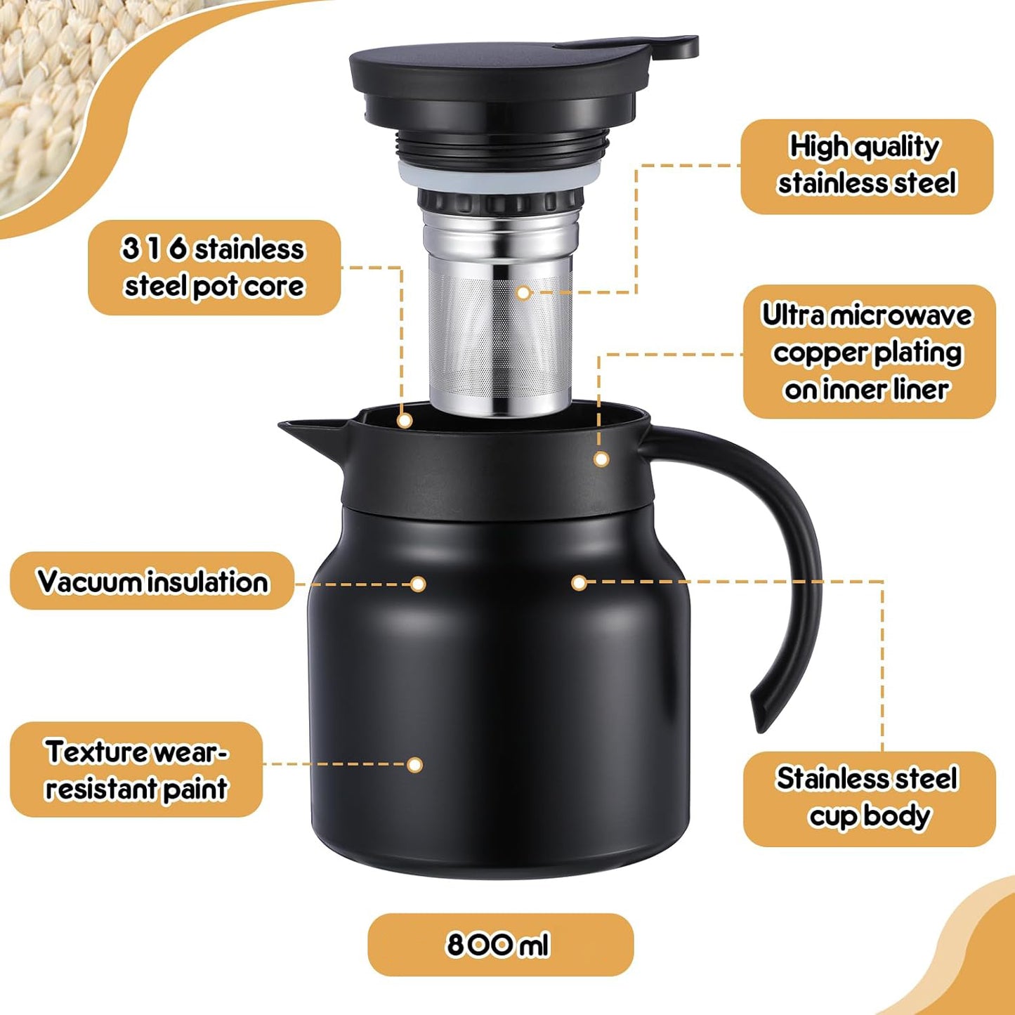 Wukusy 800ml insulated thermos flask with handle and strap for hot and cold beverages, durable design and easy to carry.