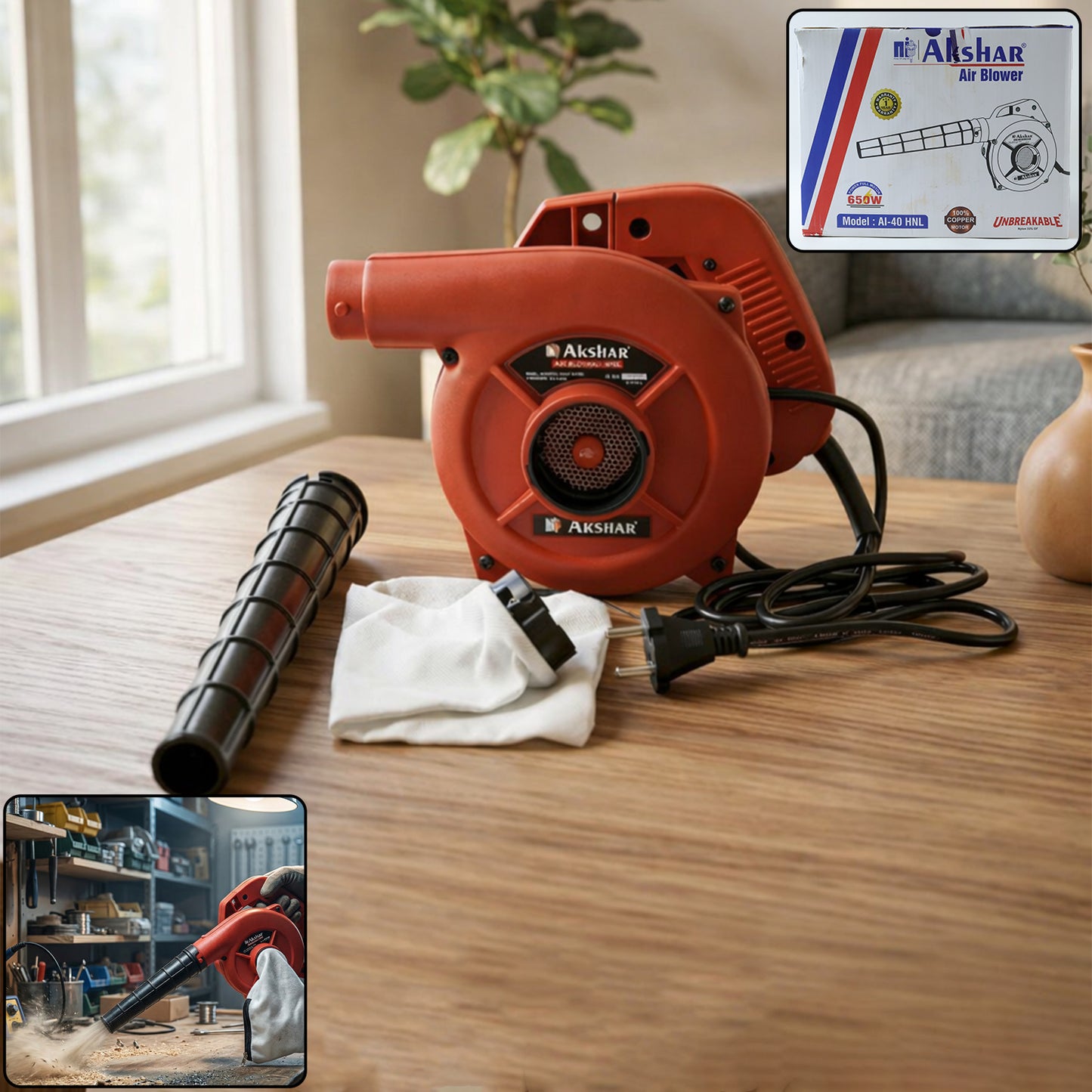 Wukusy Akshar Electric Air Blower Ai40 HNL with 650W motor, shown as a compact handheld electric blower in black and yellow.