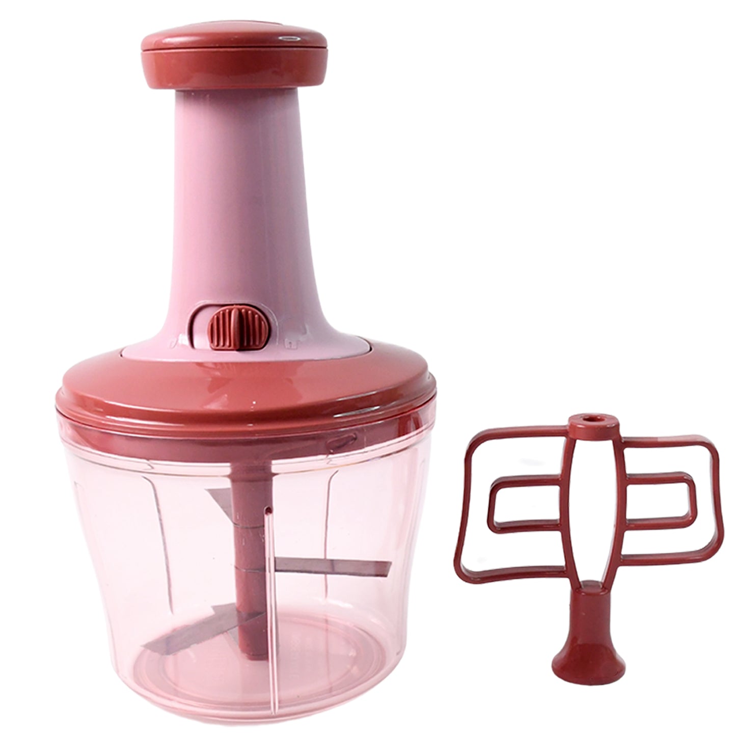 Wukusy Apex Quba push chopper with stainless steel blades, 1000ml capacity, shown with chopped vegetables inside.
