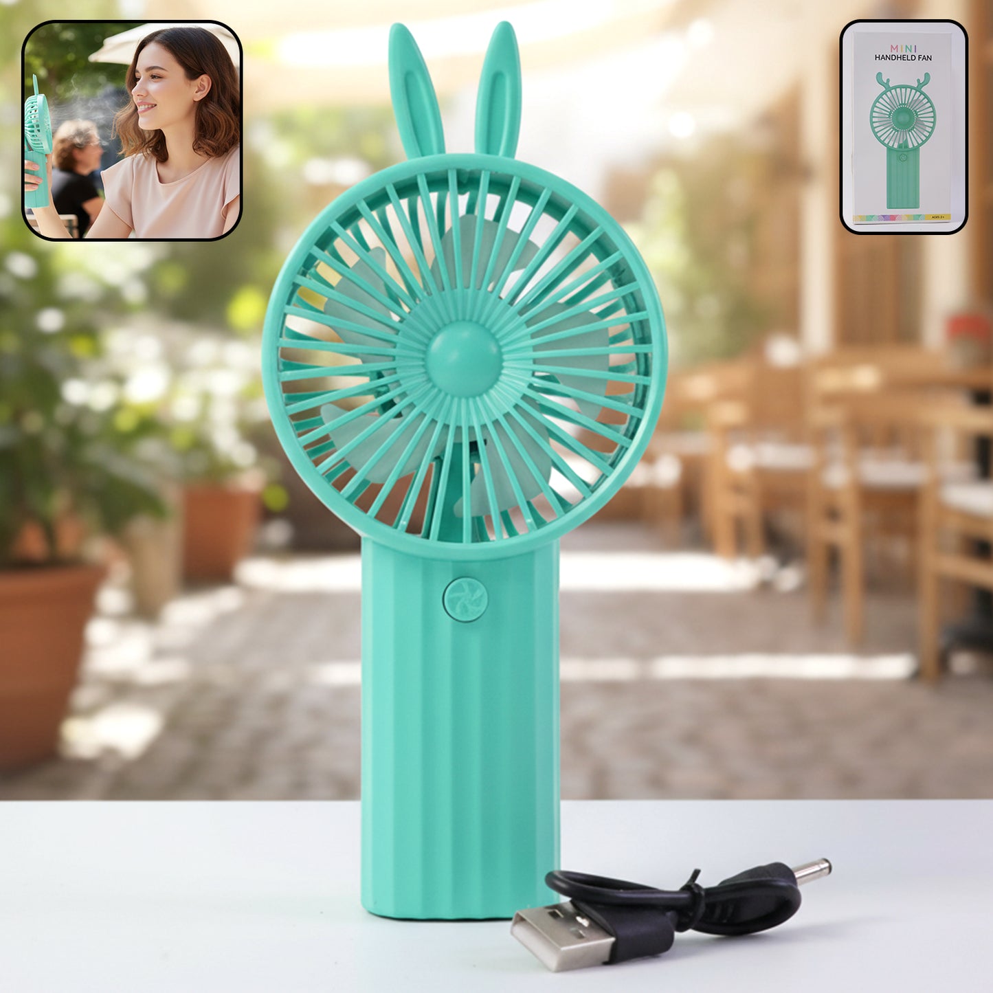 Wukusy cute bunny ear design portable USB rechargeable mini handheld fan, compact and lightweight for personal cooling.