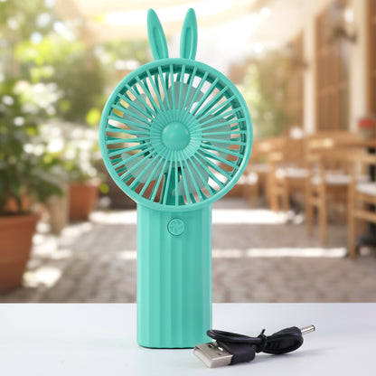 Wukusy cute bunny ear design portable USB rechargeable mini handheld fan, compact and lightweight for personal cooling.