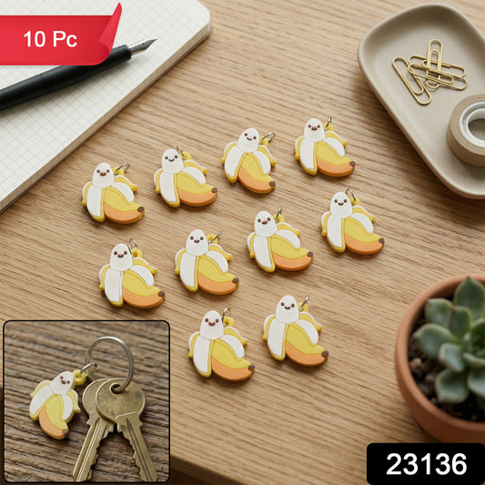 Set of 10 Wukusy cartoon banana bag charm keychains featuring cute, colorful banana designs for bags and accessories.
