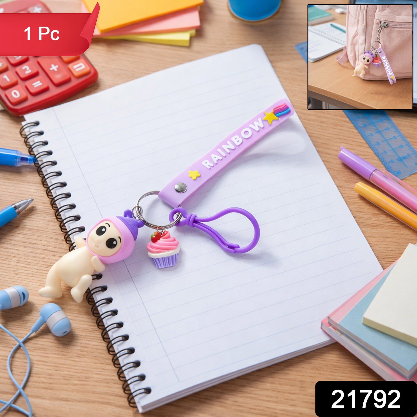 Cute Doll  Cupcake Keychain With Rainbow Strap (1 Pc)