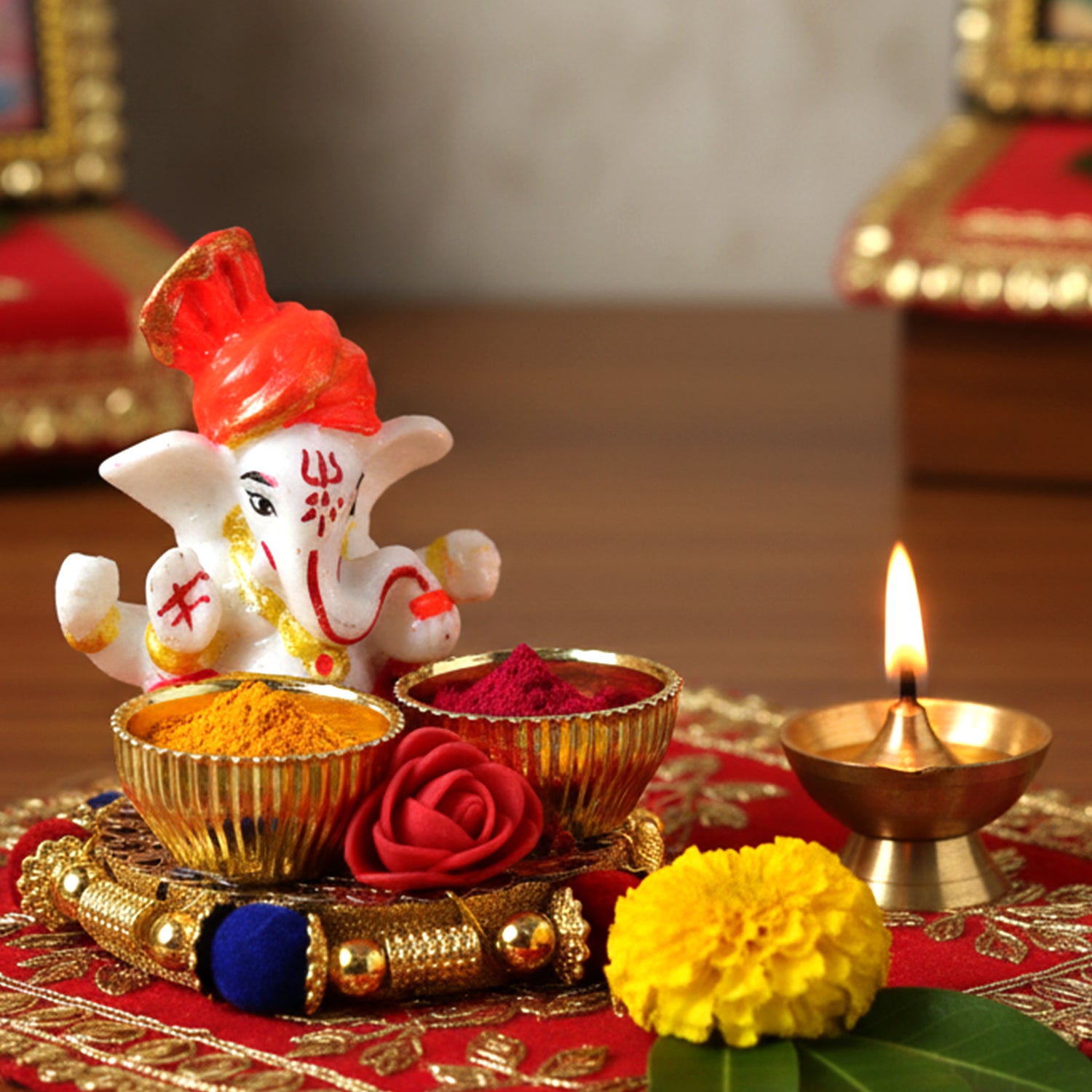 Decorative Lord Ganesha Pooja Thali Set by Wukusy, featuring a detailed design for traditional Indian religious rituals.