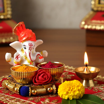 Decorative Lord Ganesha Pooja Thali Set by Wukusy, featuring a detailed design for traditional Indian religious rituals.