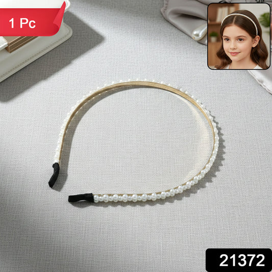 Elegant pearl beaded slim golden metal hair band by Wukusy, featuring delicate pearl accents and a sleek design for stylish wear.