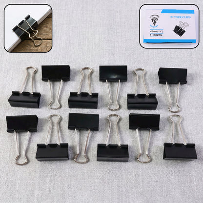 Set of 12 extra large, heavy-duty black binder clips by Wukusy, 41 mm size, for secure paper organization and binding.