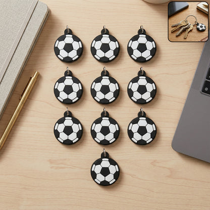 Set of 10 Wukusy football-shaped bag charm keychains featuring colorful sports-themed designs.