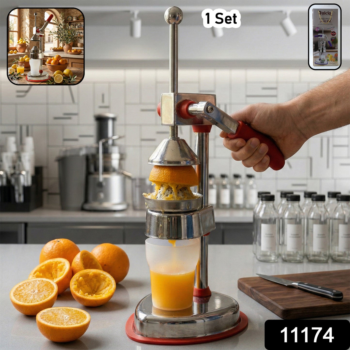 Heavy duty manual hand press juicer machine by Wukusy, showing the sturdy metal body and handle for extracting juice.