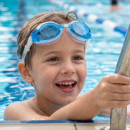 Wukusy kids' comfortable fit swimming goggles with clear vision and adjustable strap, designed for young swimmers.