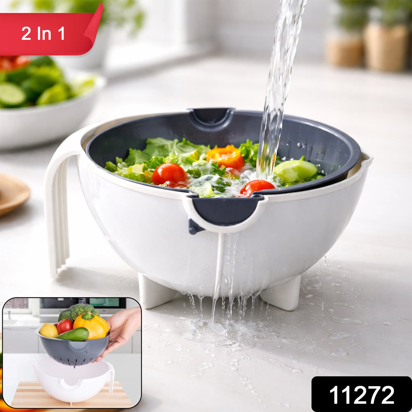 Wukusy 2-in-1 vegetable washing bowl with strainer, plastic kitchen tool for rinsing and draining vegetables.