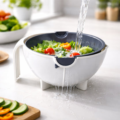 Wukusy 2-in-1 vegetable washing bowl with strainer, durable plastic kitchen tool for rinsing and draining vegetables.