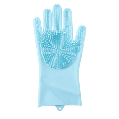 Wukusy multipurpose silicone dishwashing glove with scrubber brush for cleaning dishes and kitchen surfaces.