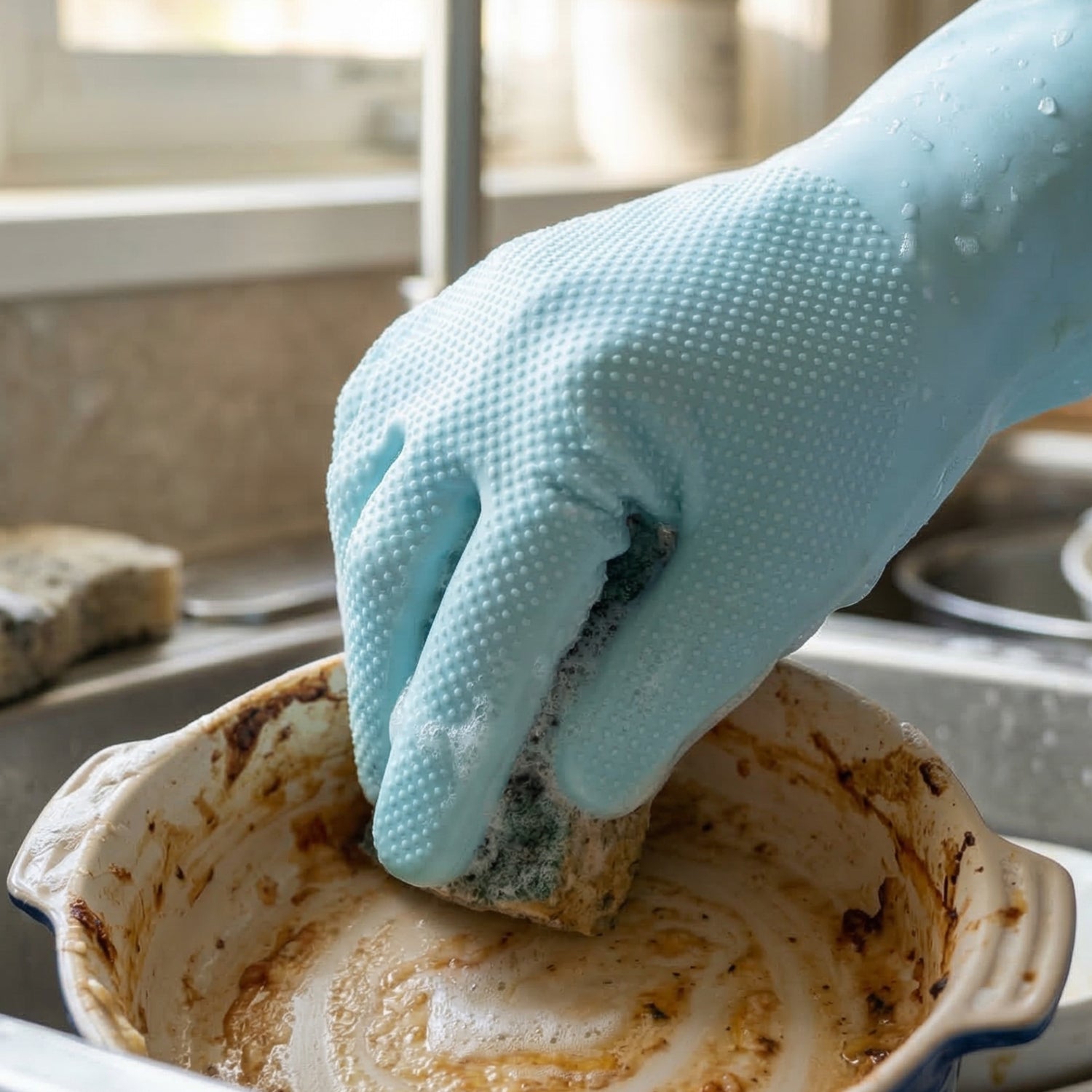 Wukusy multipurpose silicone dishwashing glove with scrubber brush for cleaning dishes and kitchen surfaces.