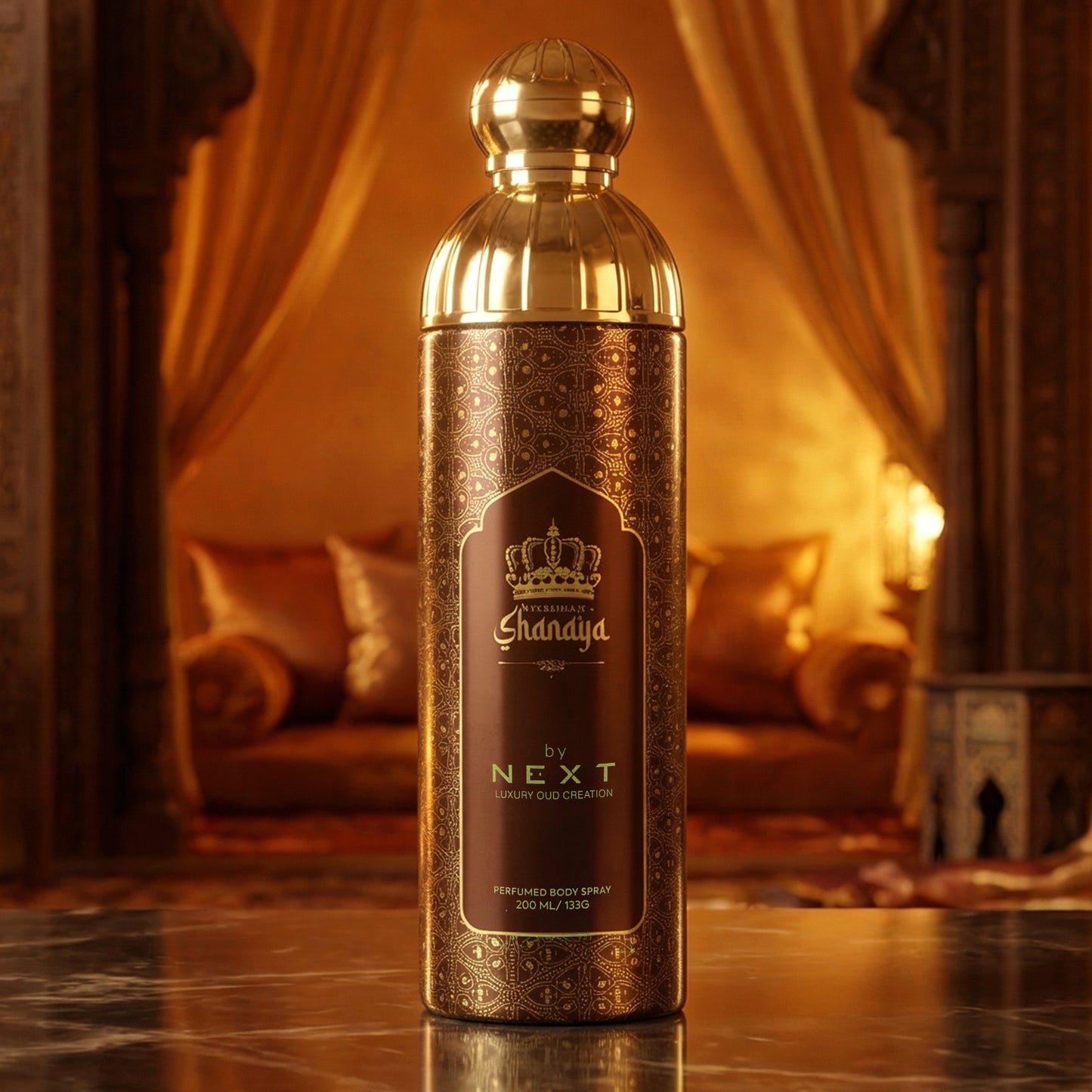 Wukusy Next Shandaar Shandiya premium perfumed body spray 200ml bottle with elegant design and floral accents