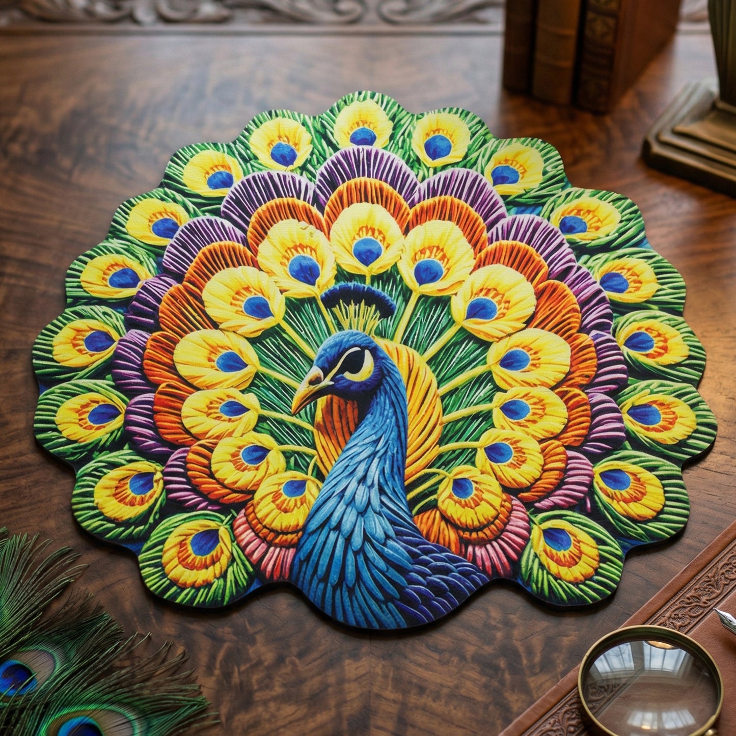 Decorative floor mat with peacock design, Wukusy brand, 58x58 cm, featuring vibrant colors and intricate pattern.