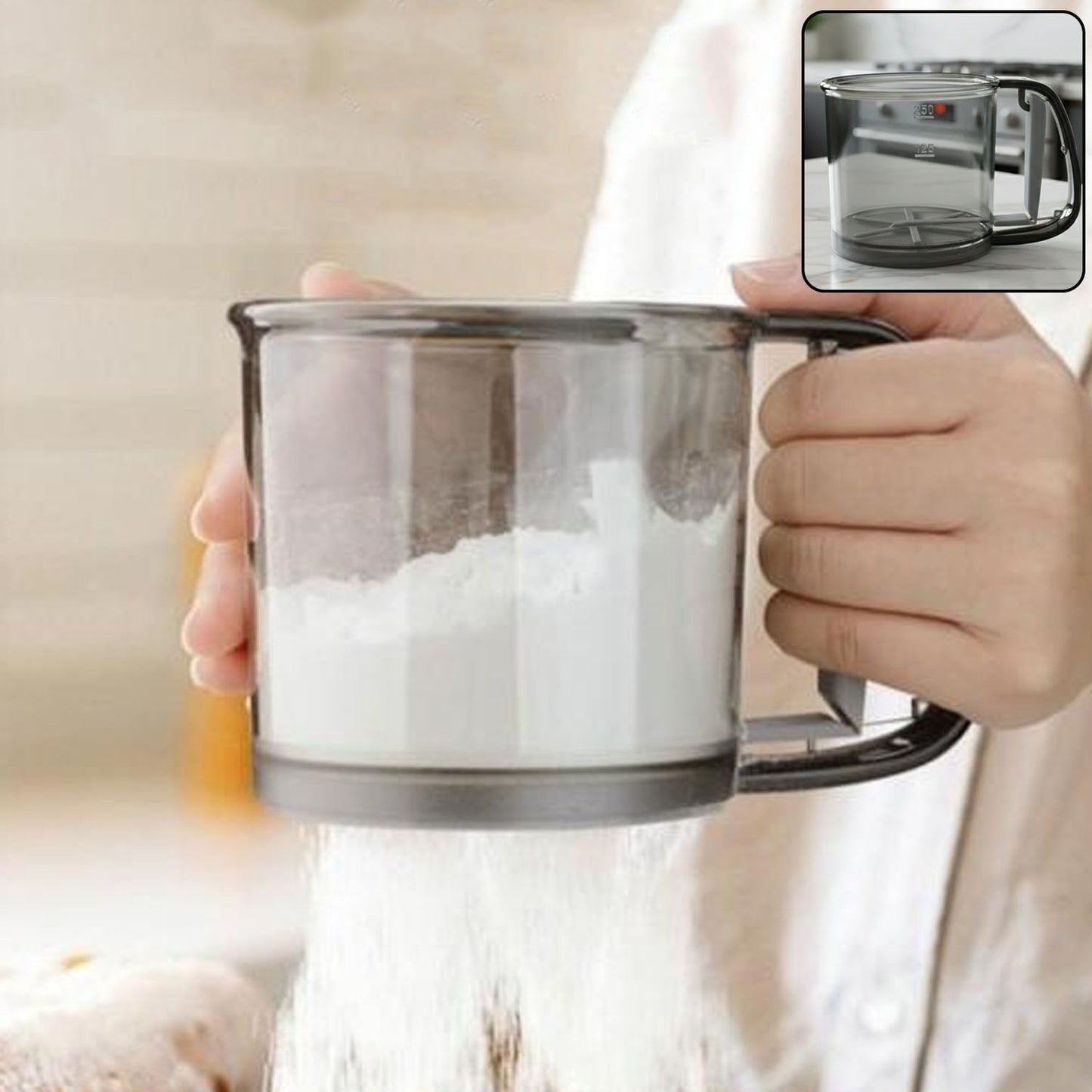 Wukusy plastic flour sieve cup with handle and fine mesh filter, ideal for kitchen baking and sifting flour.