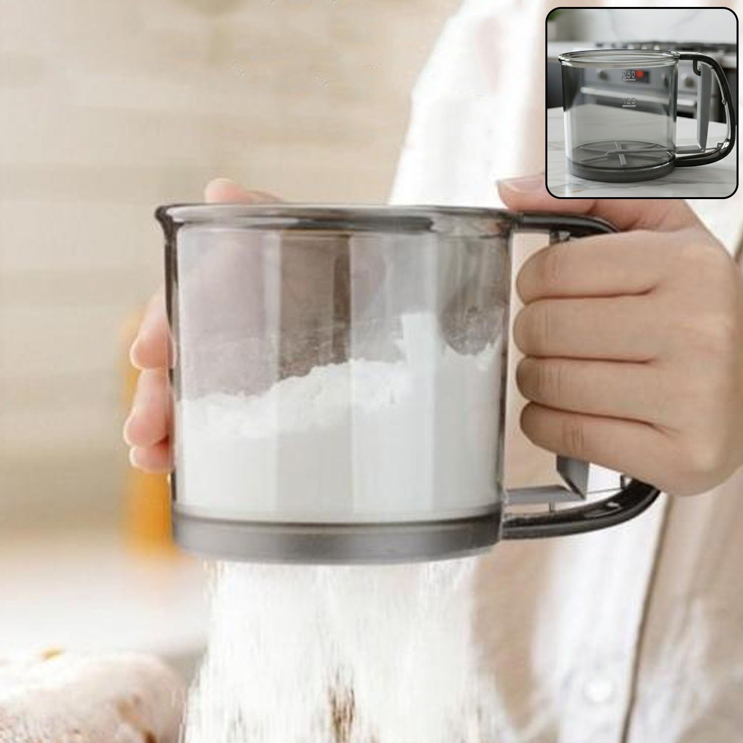 Wukusy plastic flour sieve cup with handle and fine mesh filter, ideal for kitchen baking and sifting flour.