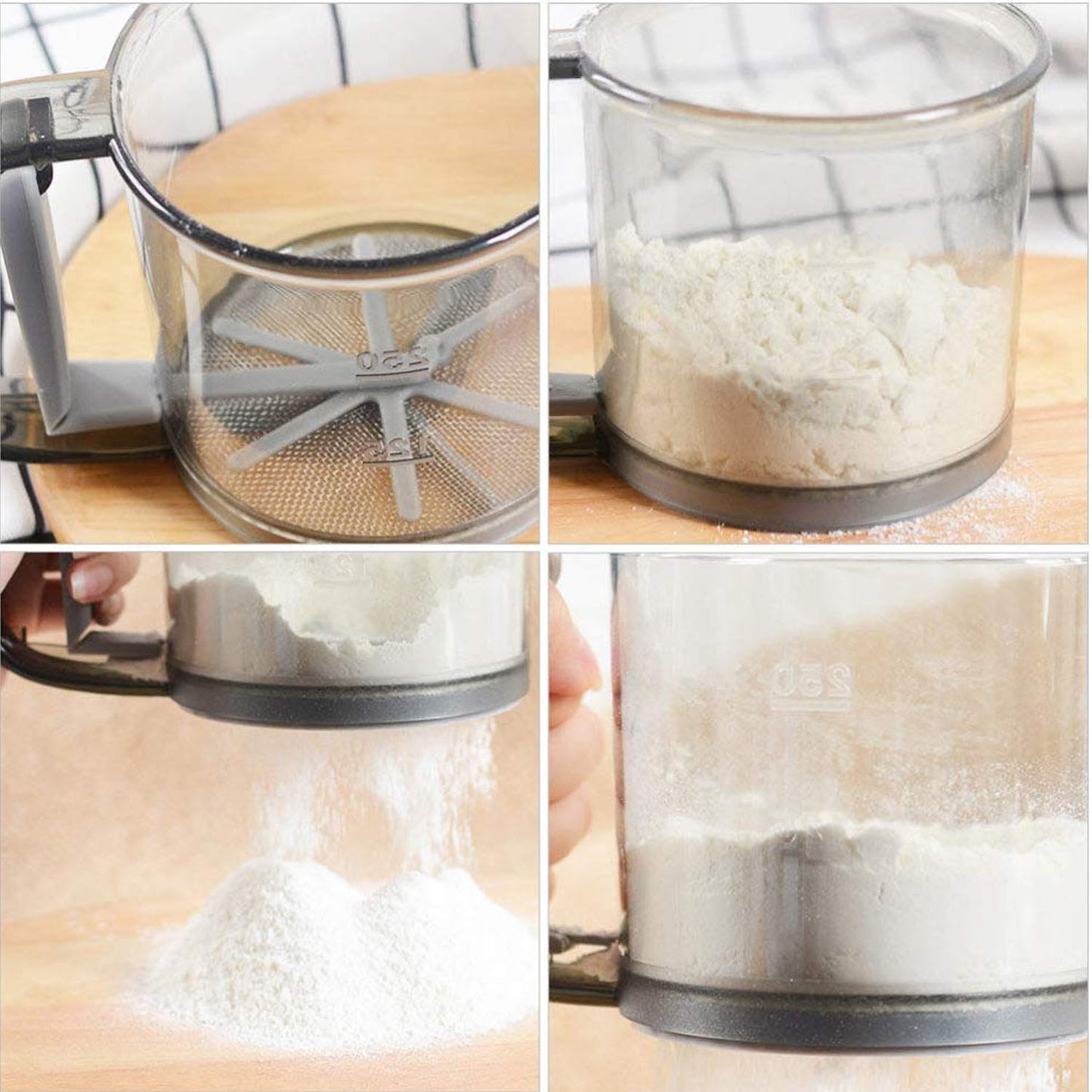 Wukusy plastic flour sieve cup with handle and fine mesh filter for kitchen baking, designed for sifting flour and dry ingredients.