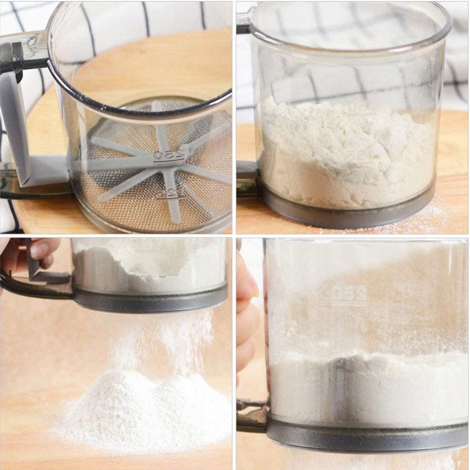 Wukusy plastic flour sieve cup with handle and fine mesh filter for kitchen baking, designed for sifting flour and dry ingredients.