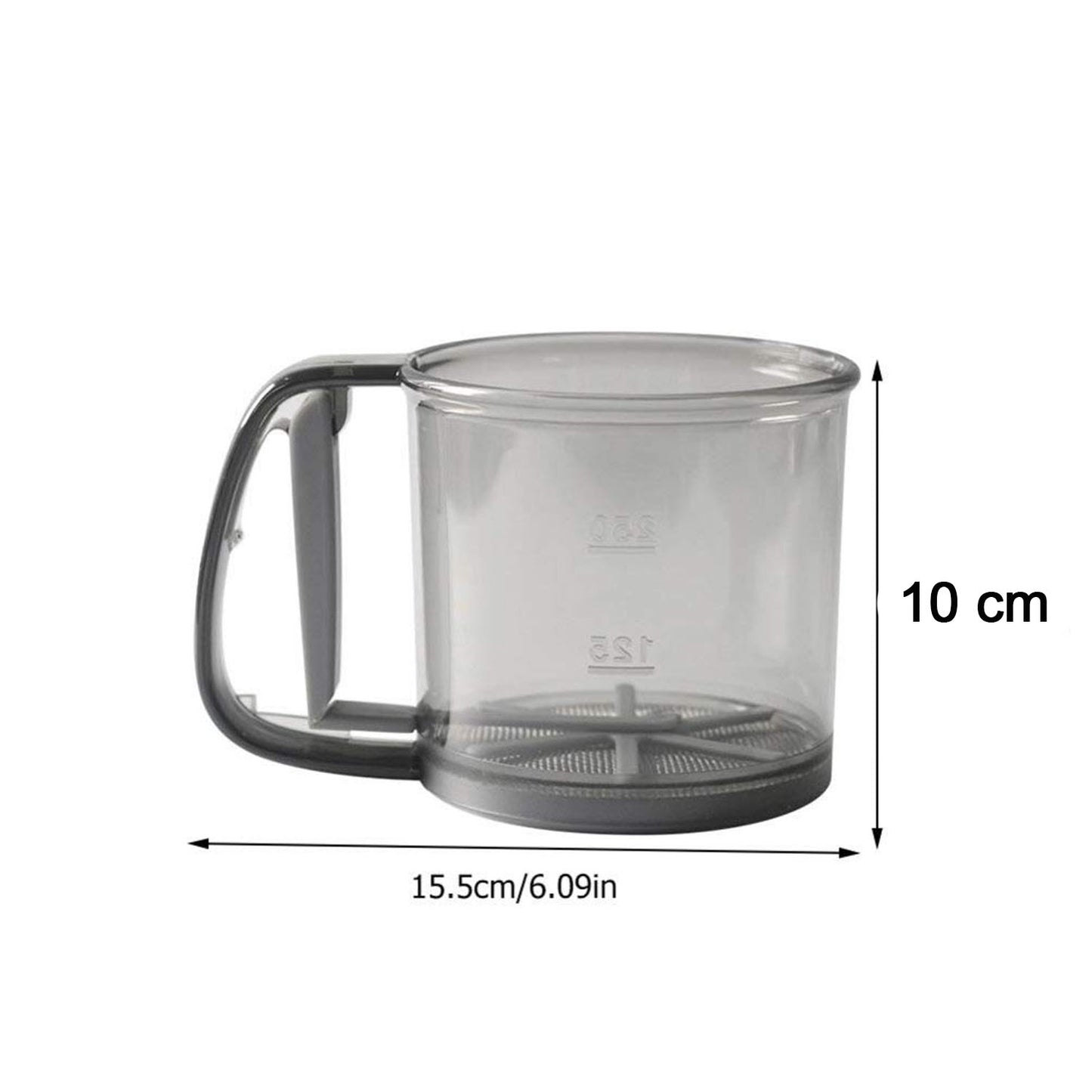 Wukusy plastic flour sieve cup with handle and fine mesh filter for kitchen baking, used for sifting flour and dry ingredients.