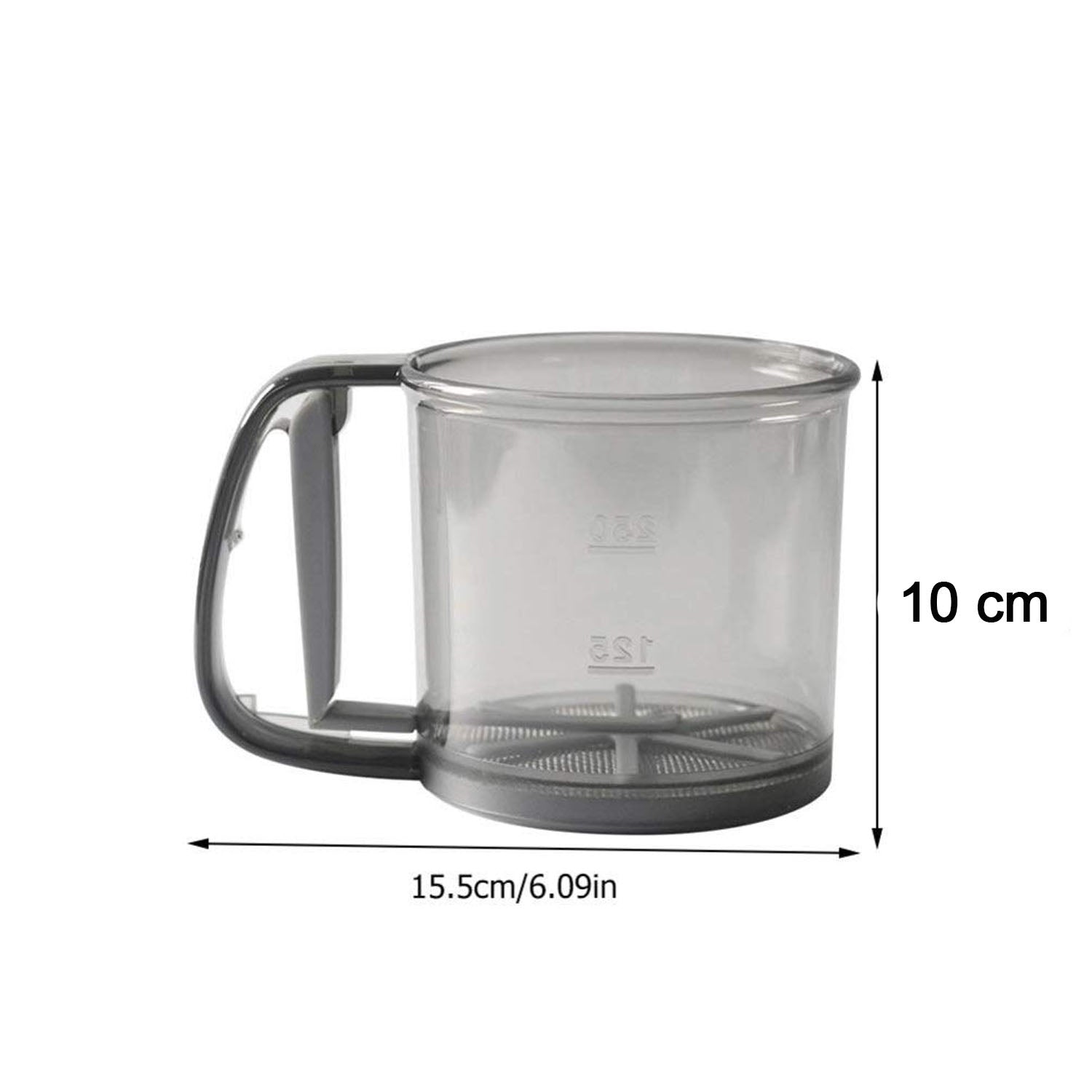Wukusy plastic flour sieve cup with handle and fine mesh filter for kitchen baking, used for sifting flour and dry ingredients.