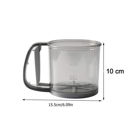 Wukusy plastic flour sieve cup with handle and fine mesh filter for kitchen baking, used for sifting flour and dry ingredients.