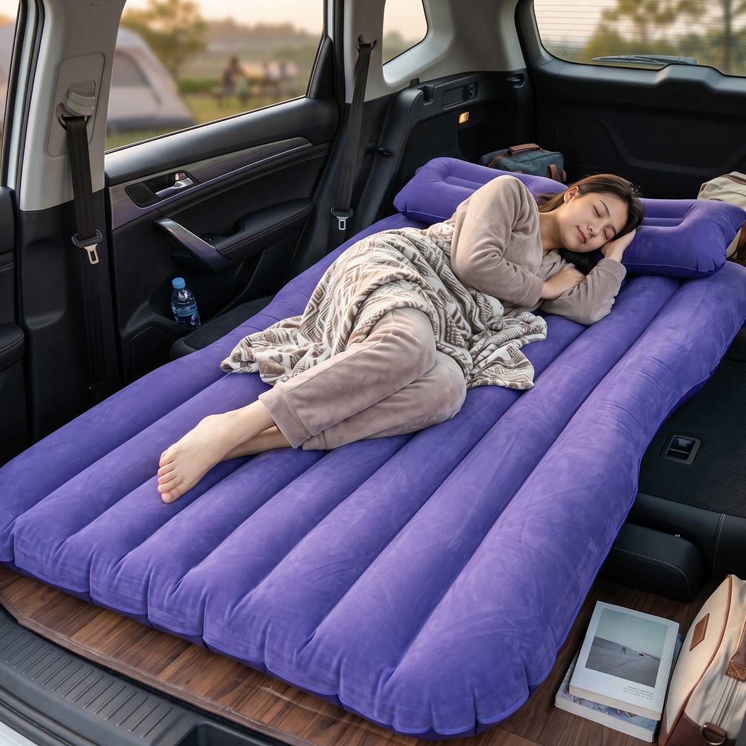 Blue Wukusy portable car air mattress bed set with pump and pillows, fully inflated, ready for use inside a vehicle.