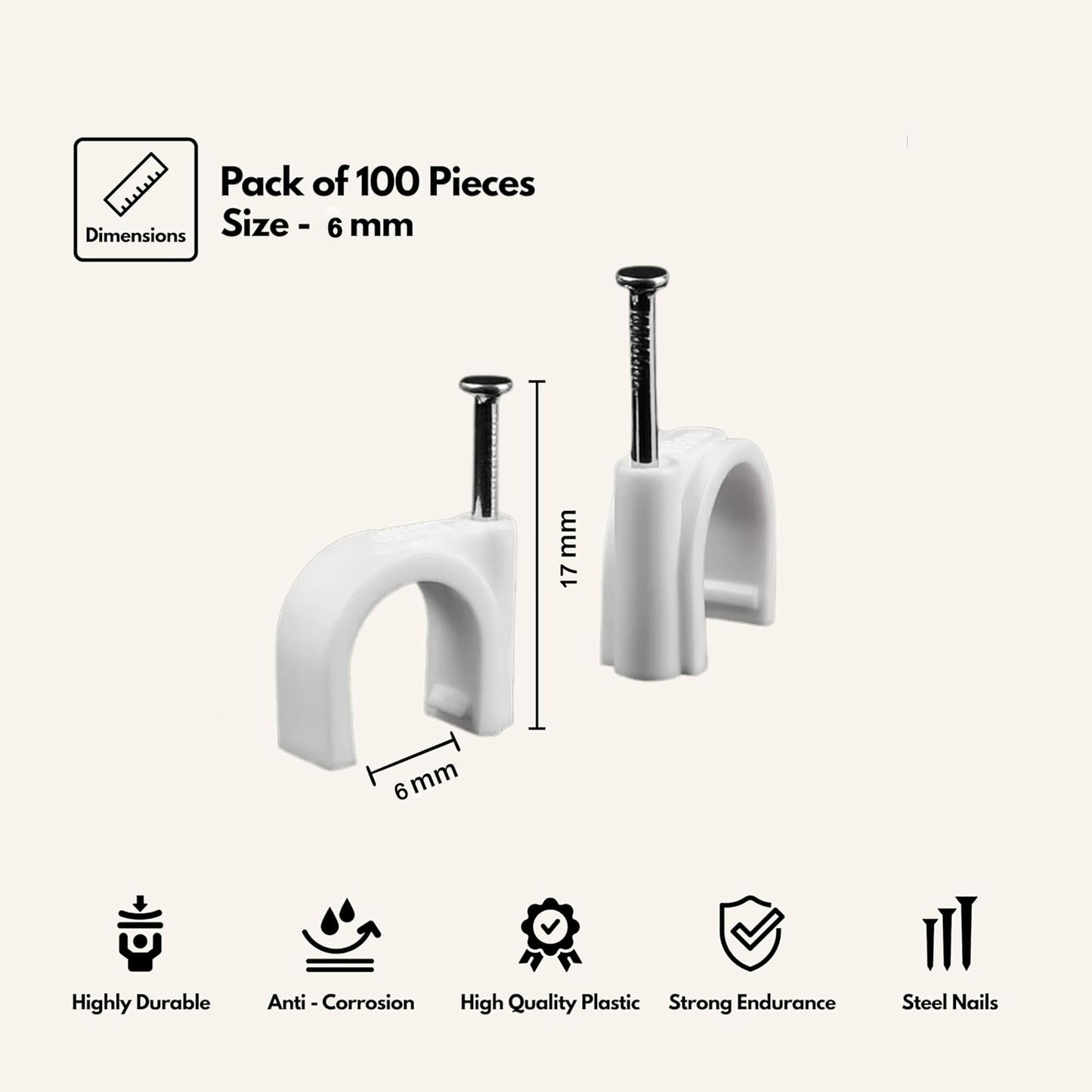 Wukusy premium cable management nail clips for wire organization, 100-pack, 6mm size, mounted on wall for neat wiring.