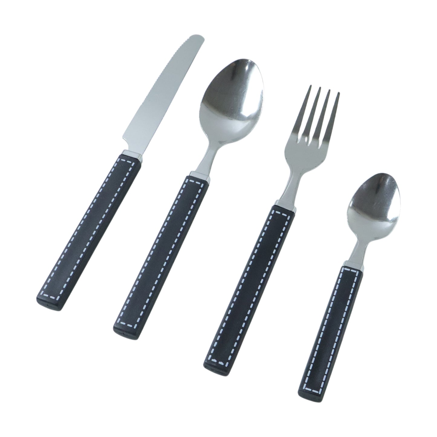 Wukusy 24-piece stainless steel cutlery set with plastic handles and storage tray, including knives, forks, spoons, and teaspoons.
