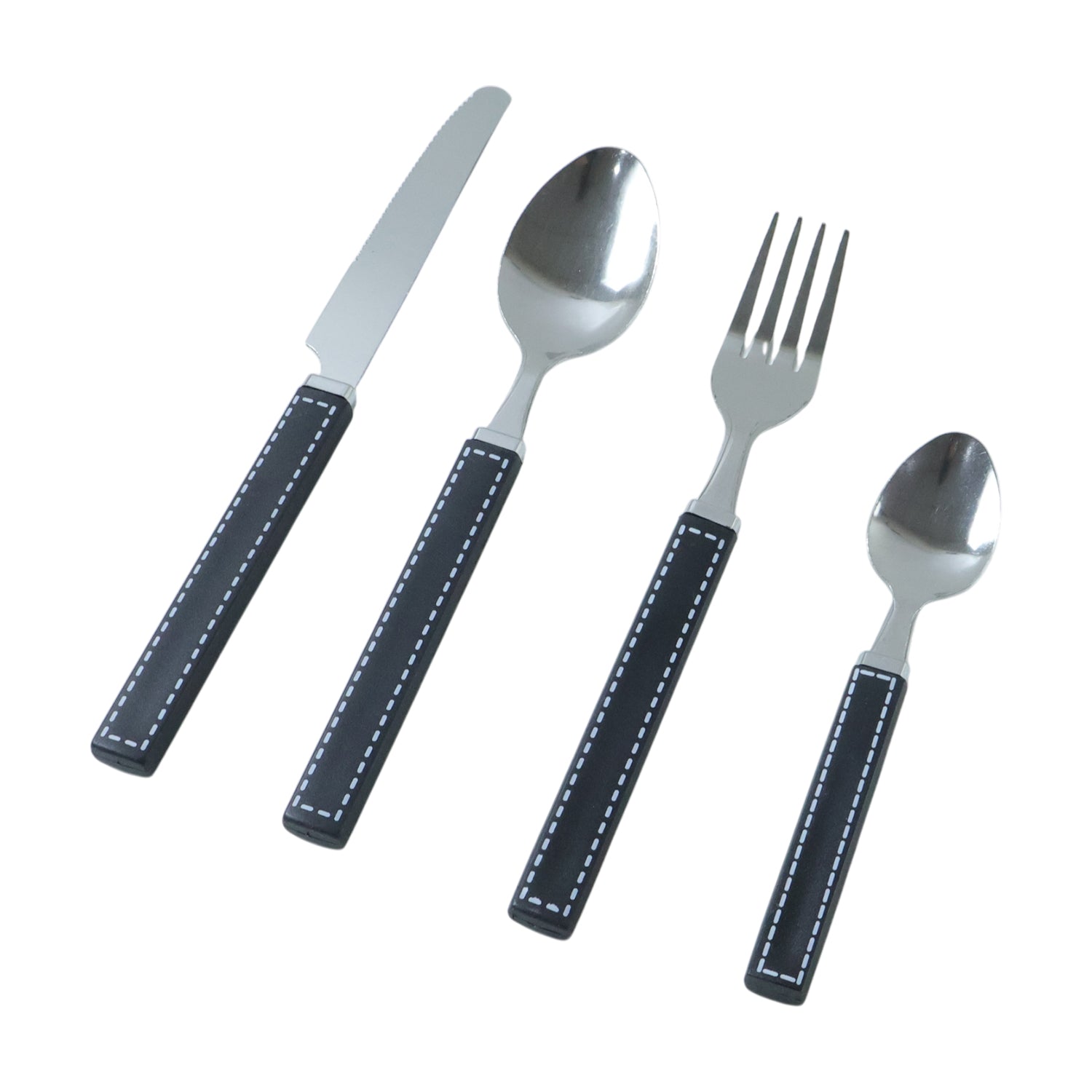 Wukusy 24-piece stainless steel cutlery set with plastic handles and storage tray, including knives, forks, spoons, and teaspoons.